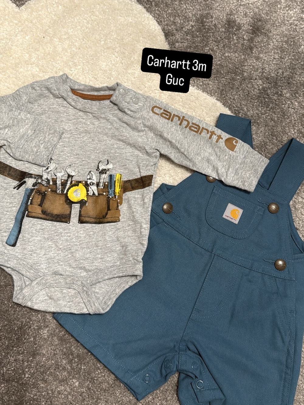 Carhartt Gray Tool-Print Bodysuit with Blue Overalls